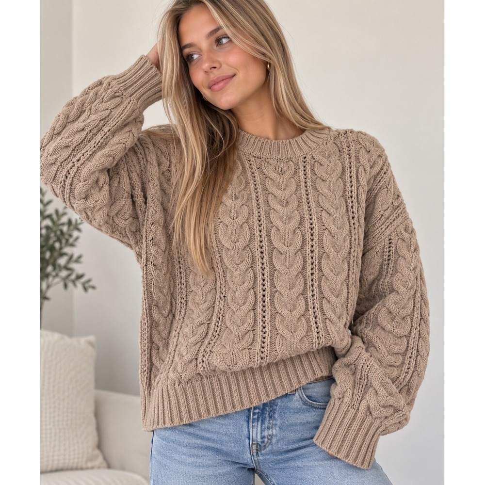 SO Women XXL Tan Brown Cable Knit Chenille Sweater Crewneck Oversized Cozy